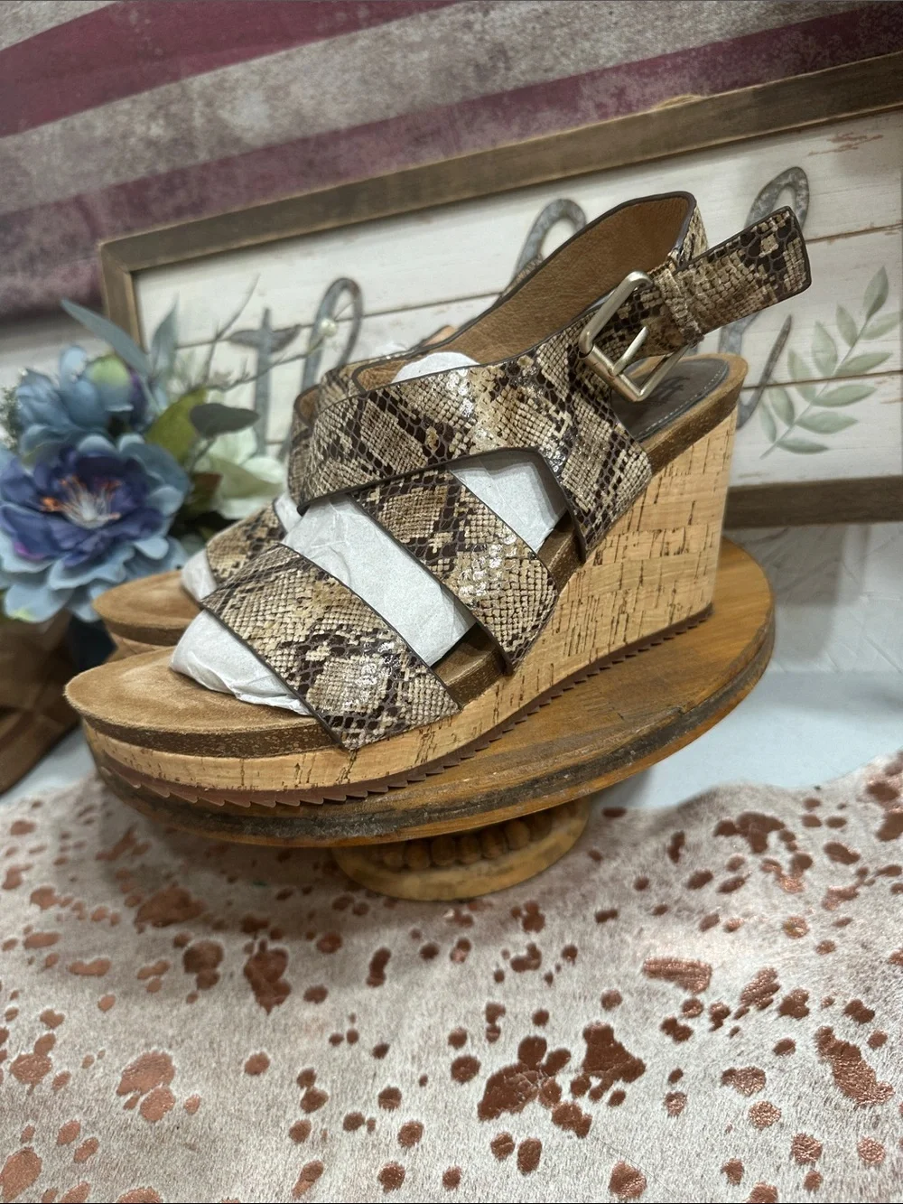 Sofft Women's Snake-Print Cork Wedge Sandals in Taupe and Beige